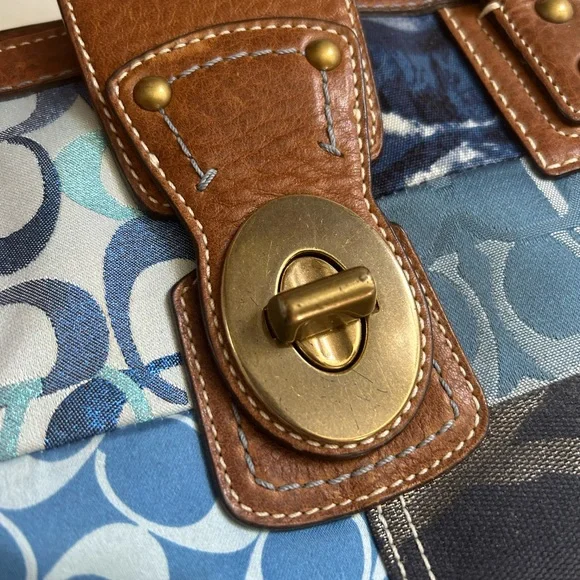 Coach Blue Patchwork and Tan Leather Tote Shoulder Handbag - Picture 8 of 15